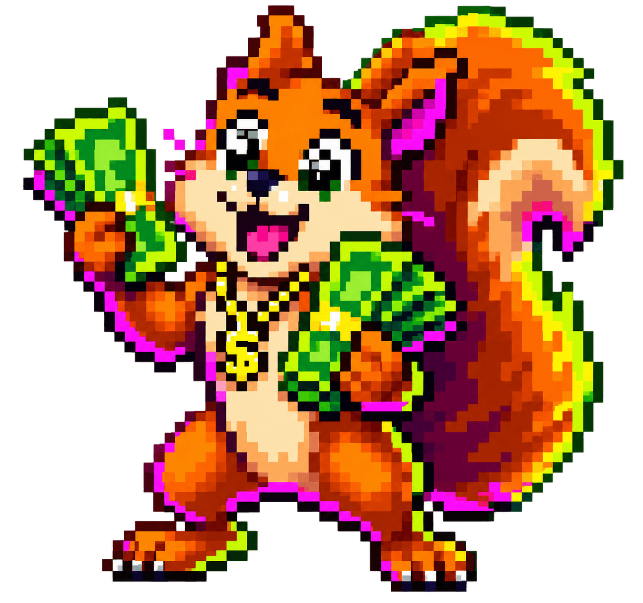 A delighted, heavily pixelated 8-bit squirrel holding two large stacks of cash